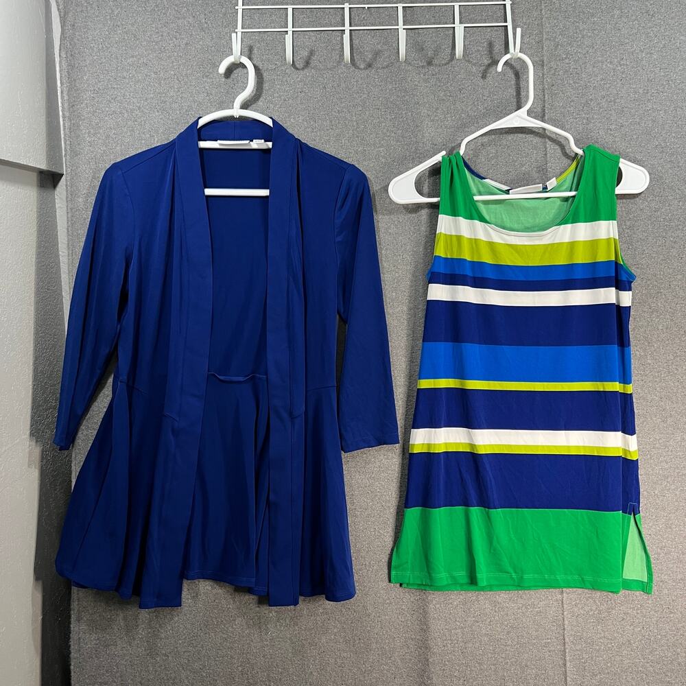 Susan Graver Liquid Knit Cardigan and Printed Tank Set Blue/Green, XX-Small